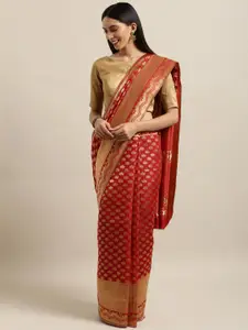 Mitera Red & Gold-Toned Ethnic Motifs Zari Silk Blend Banarasi Saree