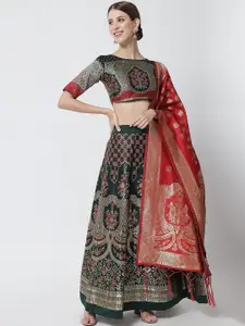 DIVASTRI Green & Red Banarasi Ready to Wear Lehenga & Unstitched Blouse With Dupatta