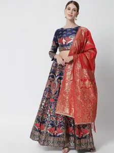 DIVASTRI Red & Navy Blue Ready to Wear Lehenga & Unstitched Blouse With Dupatta