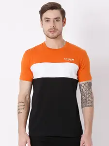 Mufti Men Black & Orange Colourblocked Slim Fit T-shirt