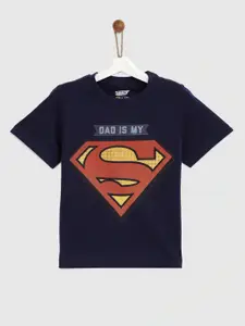 YK Justice League Boys Navy Blue & Red Superman Printed Pure Cotton T-shirt