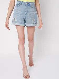 Vero Moda Women Blue Cotton Denim Shorts