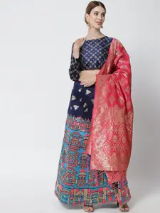DIVASTRI Navy Blue & Pink Ready to Wear Lehenga & Unstitched Blouse With Dupatta