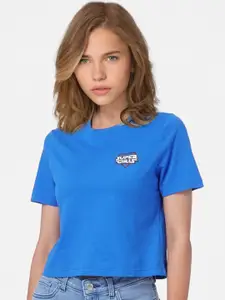 ONLY Women Blue Solid Cotton Crop T-shirt