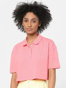 ONLY Women Pink Polo Collar Drop-Shoulder Sleeves Boxy Crop T-shirt