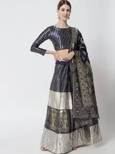 DIVASTRI White & Navy Blue Printed Ready to Wear Lehenga & Unstitched Blouse With Dupatta