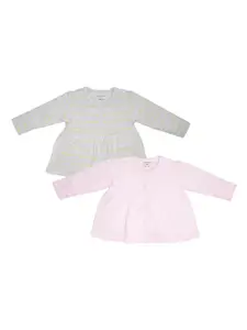 My Milestones Infants Girls Pink & Grey Melange Striped Cotton T-shirt Pack Of 2