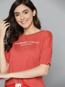 M&H Easy Women Coral Red & White Printed T-shirt