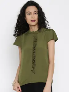 Miss Chase Women Olive Green Ruffled Top