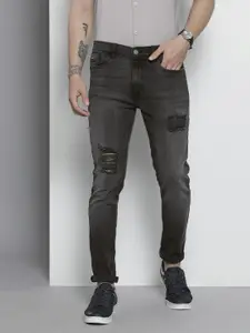The Indian Garage Co Men Charcoal Slim Fit Low Distress Light Fade Stretchable Jeans