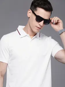 Allen Solly Men White Brand Logo Printed Polo Collar Applique Pure Cotton T-shirt