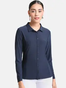 Kazo Women Blue Solid Classic Collar Stretchable Formal Shirt
