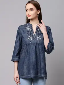 Modern Indian by CHEMISTRY Blue Floral Printed Flared Sleeves Empire Kurti