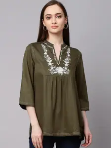 Modern Indian by CHEMISTRY Women Olive Green Tunic With Floral Embroidery