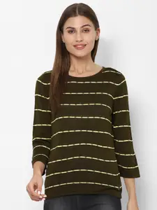 Allen Solly Woman Olive Green Striped Regular Top
