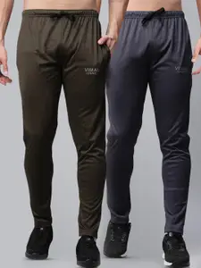 MACK JONNEY JONNEY Men Grey & Olive Green Pack Of 2 Solid Track Pants