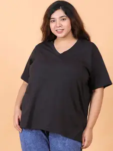 LastInch Women Plus Size Black V-Neck Cotton T-shirt
