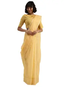 Florence Yellow & Gold-Toned Striped Pure Cotton Saree