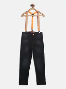 TALES & STORIES Boys Black Slim Fit Light Fade Stretchable Jeans With Suspenders