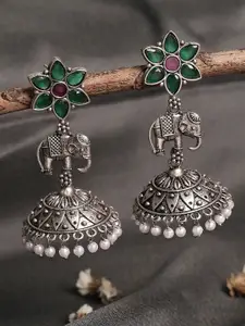 OOMPH Oxidised Silver-Toned Green Dome Shaped Jhumkas
