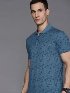 Allen Solly Men Blue Geometric Printed Polo Collar Pure Cotton T-shirt