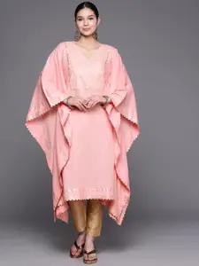 Ahalyaa Women Pink Silver-Coloured Yoke Design Gotta Patti Pure Cotton Kaftan Kurta