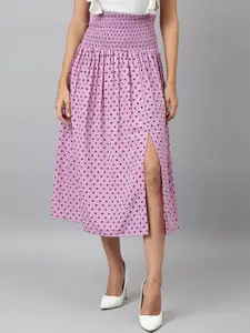 DEEBACO Women Purple Polka Dots Printed Flared High Waist Skirt