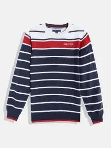 Nautica Boys Navy Blue & White Striped Round Neck Pullover