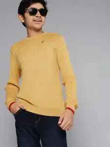 Nautica Boys Mustard Yellow Self Design Cable Knit Round Neck Pullover