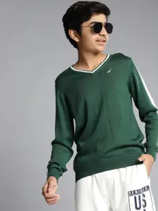 Nautica Boys Green Solid V-Neck Acrylic Pullover