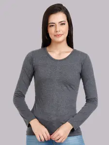 Fleximaa Women Charcoal Drop-Shoulder Sleeves Raw Edge T-shirt