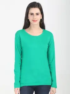 Fleximaa Women Sea Green Solid Cotton T-shirt