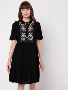 Vero Moda Black Floral Embroidered Tie-Up Neck Dress