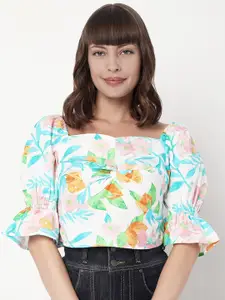 Vero Moda Women White & Blue Floral Printed Cotton Top