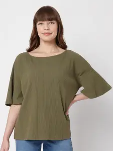 Vero Moda Olive Green Self Design Knitted Top