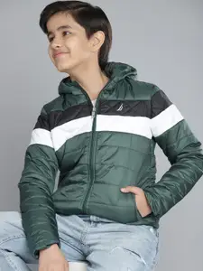 Nautica Boys Green & White Striped Hooded Quilted Jacket