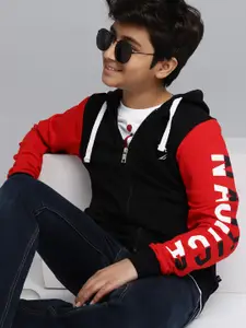 Nautica Boys Black & Red Pure Cotton Solid Hooded Sweatshirt