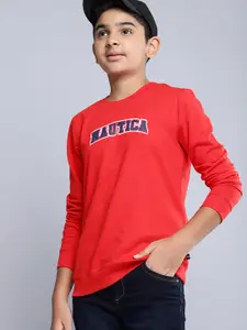 Nautica Boys Red & Navy Blue Pure Cotton Brand Logo Printed Sweatshirt