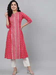 KIMAYRA Women Coral & Silver Ethnic Motifs Printed Kurta