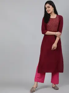 KIMAYRA Women Red Ethnic Motifs Embroidered Mirror Work Kurta