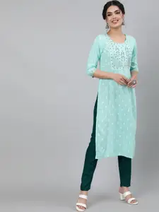 KIMAYRA Women Sea Green Ethnic Motifs Yoke Design Thread Work Kurta
