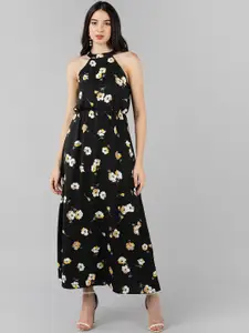 AHIKA Black & Yellow Floral Printed Halter Neck Maxi Dress