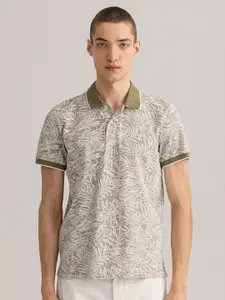 GANT Men Olive Green & White Floral Printed Polo Collar Tropical Pure Cotton T-shirt