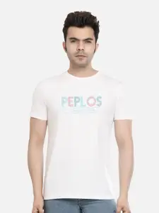 PEPLOS Men White Typography Printed Cotton T-shirt