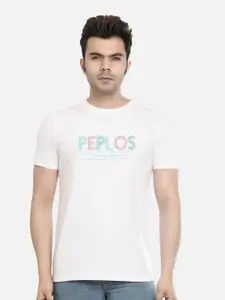 PEPLOS Men White Typography Printed Applique Outdoor T-shirt