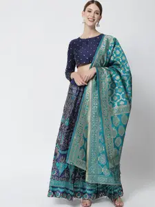 DIVASTRI Turquoise Blue & Navy Ready to Wear Lehenga & Unstitched Blouse With Dupatta