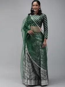 DIVASTRI Green & Silver Unstitched Lehenga & Blouse With Dupatta