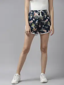 KASSUALLY Women Navy Blue Floral Printed Shorts