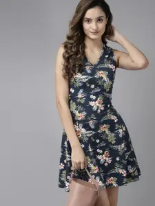 KASSUALLY Women Navy Blue & White Floral A-Line Dress