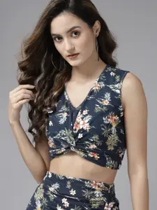 KASSUALLY Women Navy Blue & White Floral Print Twisted Crop Top